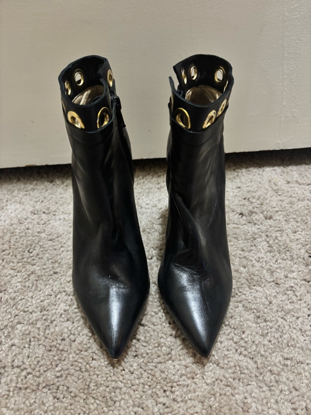 Women's Black Pointed Toe Ankle Boots with Gold Eyelet Trim